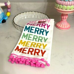 MERRY dish towels with pink pom poms at bottom. 2 dish towels NWT Christmas